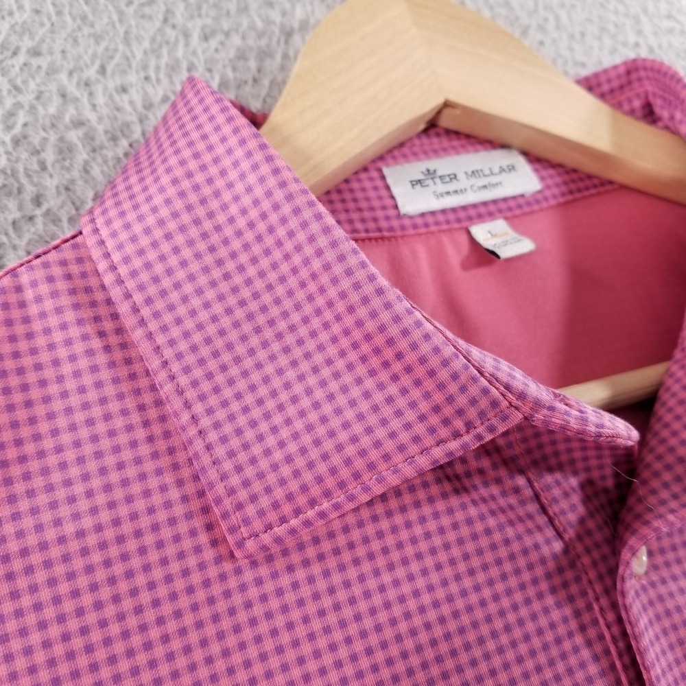 Peter Millar Shirt Large Summer Comfort Pink Purple Micro Check Performance Golf